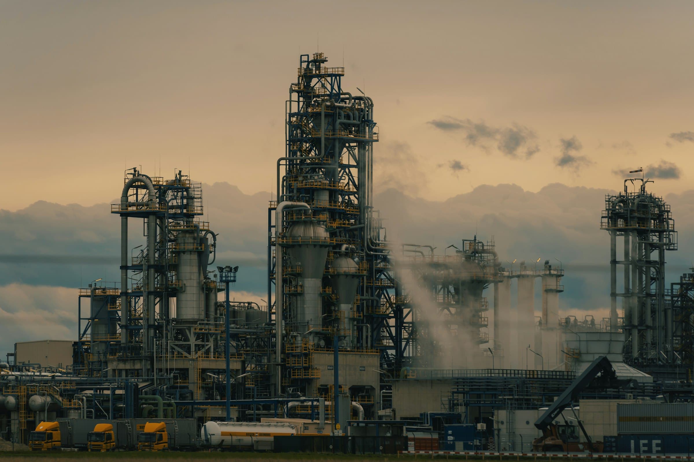 Industrial facility with smoke stacks